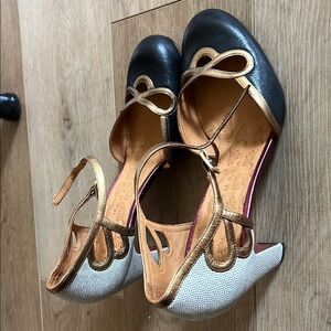 Chie Mihara Black and Gold Heels